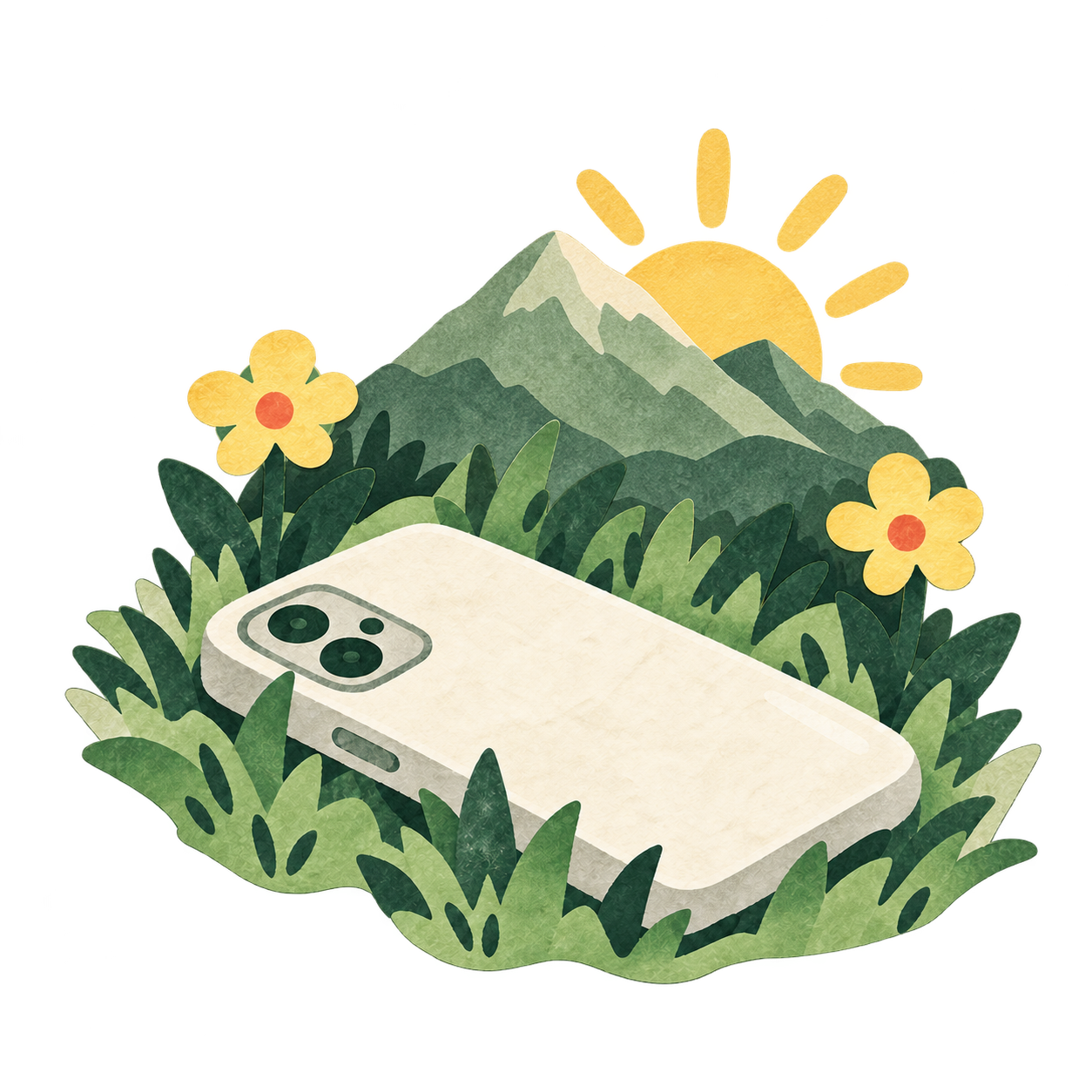 A paper-cut illustration of a phone resting among green leaves, flowers, and mountains.